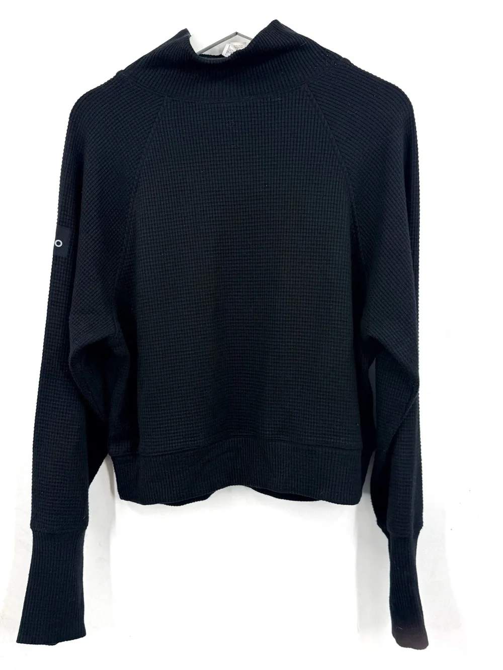 Alo Waffle Weekend Escape Mock Neck Long Sleeve Knit Top Size Small in Black